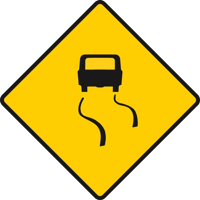 Yellow diamond with a black car above two curved tracks.