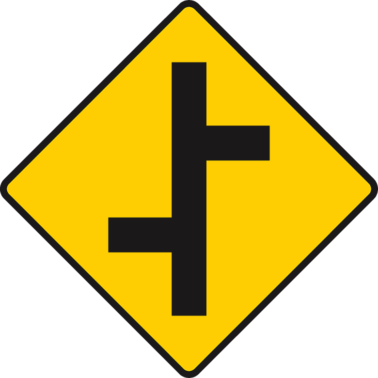 Yellow diamond with a black vertical bar and two side branches at different heights.