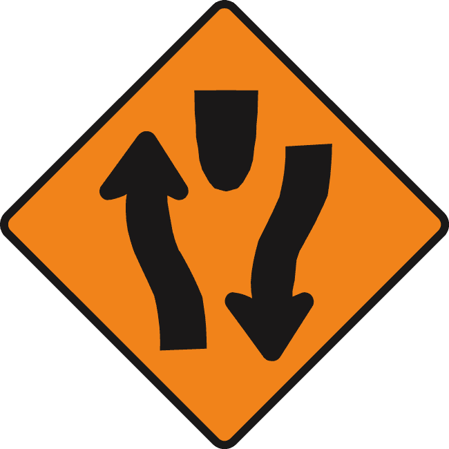Orange diamond with upward and downward black arrows bending around a central black shape.