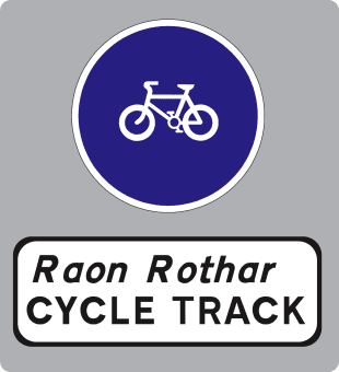 Blue circle with a white bicycle; rectangular plate below reads CYCLE TRACK and Irish wording.