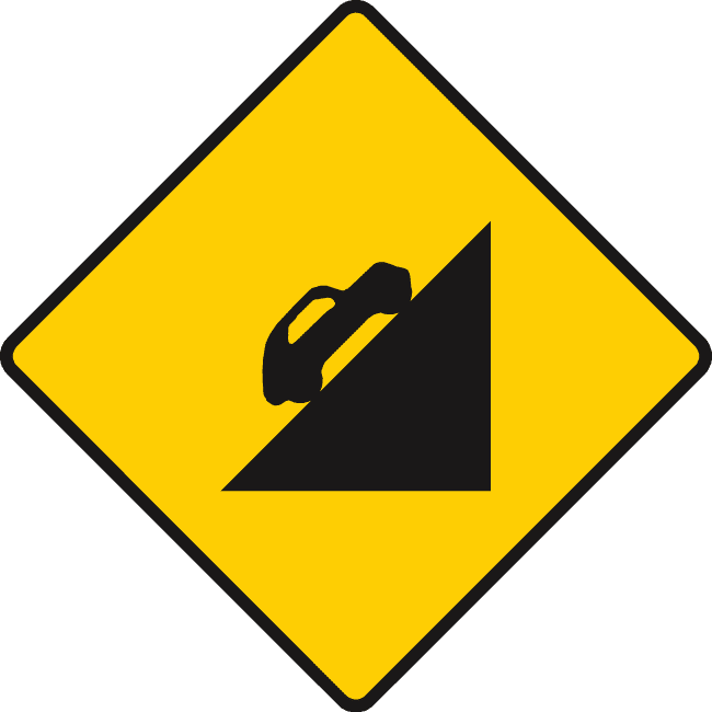 Yellow diamond containing a black car on a steep slope rising toward the right.