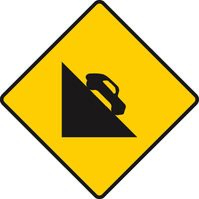 Yellow diamond containing a black car on a steep slope falling toward the right.