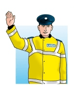 Garda facing the viewer in a yellow jacket, with one hand raised beside the head, palm outward.