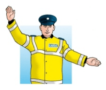 Garda facing the viewer with one hand raised, palm outward, and the other arm extended sideways.
