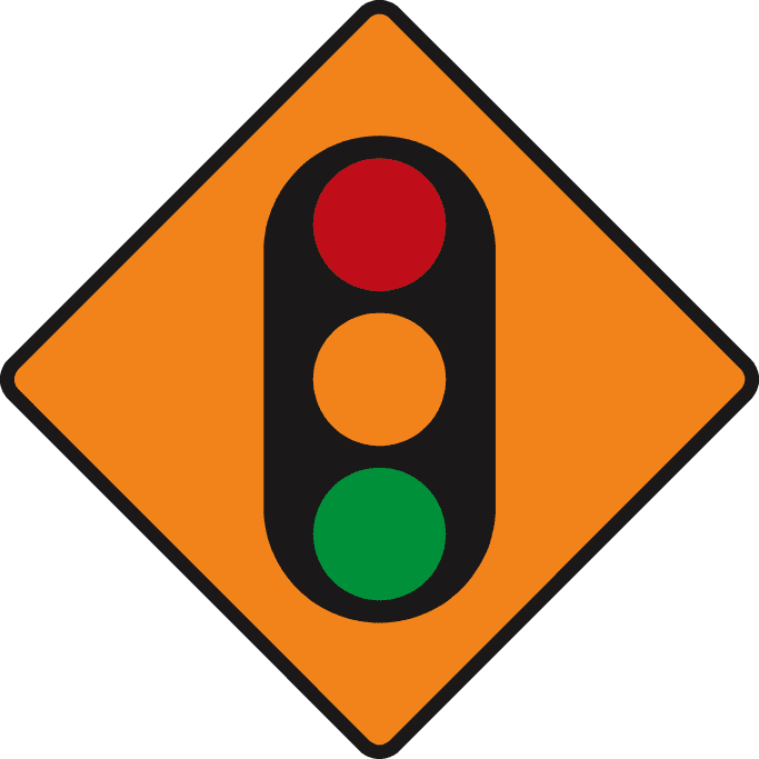 Orange diamond containing a traffic-light symbol with red, amber and green circles.