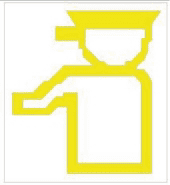 Yellow outline of a person at a booth, with one arm extending horizontally to the left.
