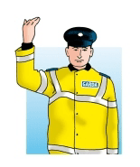 Garda facing the viewer with one arm raised and the hand bent forward at the wrist.
