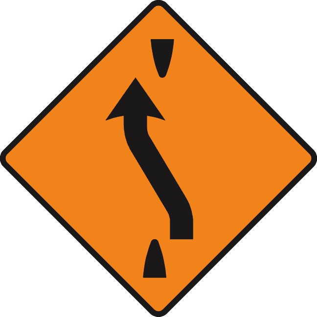 Orange diamond with a black upward arrow bending left between two small black tapered shapes.