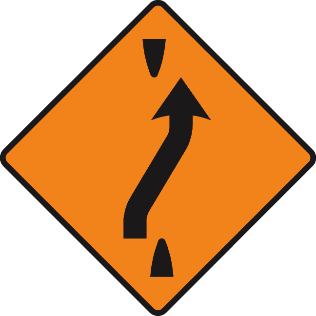 Orange diamond with a black upward arrow bending right between two small black tapered shapes.