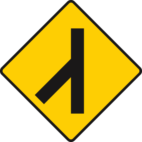 Yellow diamond with a black vertical bar and a diagonal branch joining from the lower left.