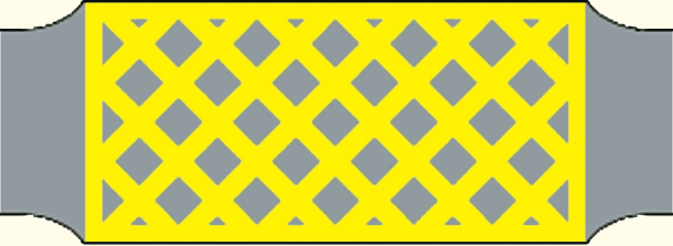 Overhead view of a rectangular yellow crosshatched grid painted across a road.