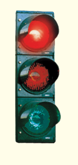 Vertical traffic light with the top red lamp illuminated.