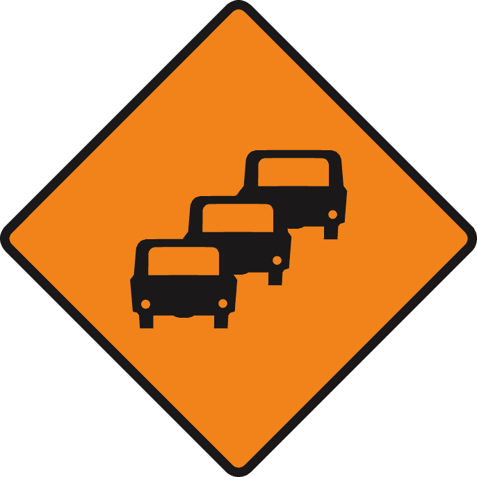 Orange diamond containing three black cars in a diagonal row.