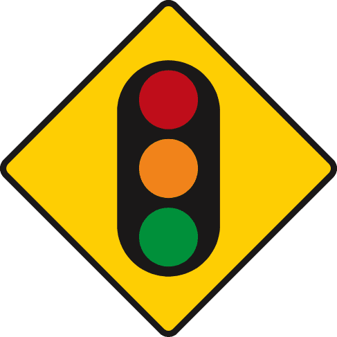 Yellow diamond containing a traffic-light symbol with red, amber and green circles.