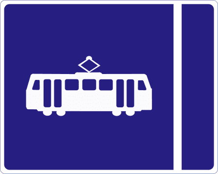 Blue rectangular sign with a white tram to the left of a vertical white dividing line.