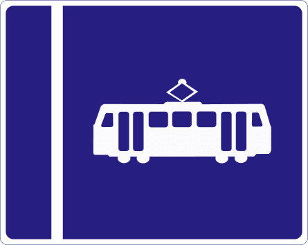 Blue rectangular sign with a white tram to the right of a vertical white dividing line.