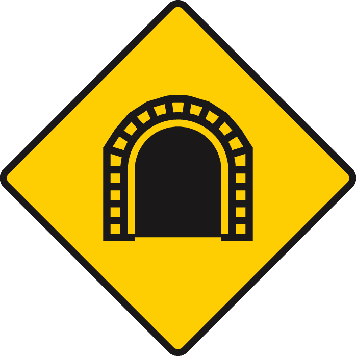 Yellow diamond containing a black arch outlined with small rectangular blocks.