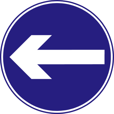 Blue circle containing a white horizontal arrow pointing left.