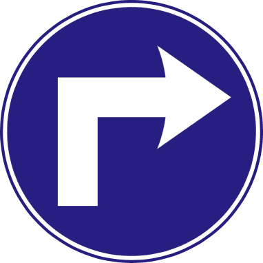 Blue circle containing a white arrow making a right-angle bend to the right.