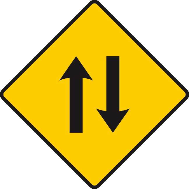 Yellow diamond with two black arrows, left pointing up and right pointing down.