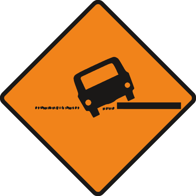 Orange diamond with a tilted black car above two horizontal surface lines at different heights.