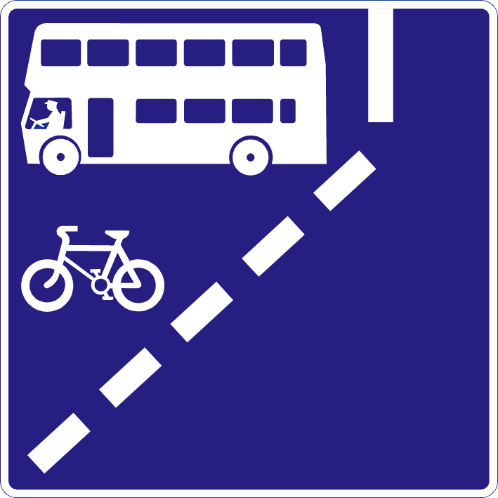 Blue sign with a white bus and bicycle to the left of a slanting broken white line.