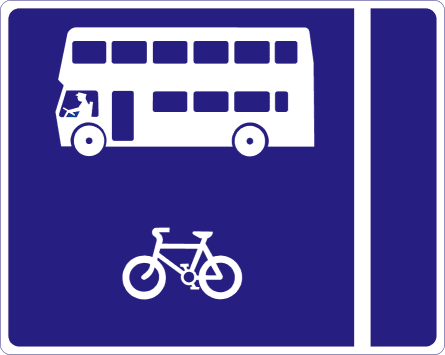 Blue rectangular sign with a white bus and bicycle to the left of a vertical white line.