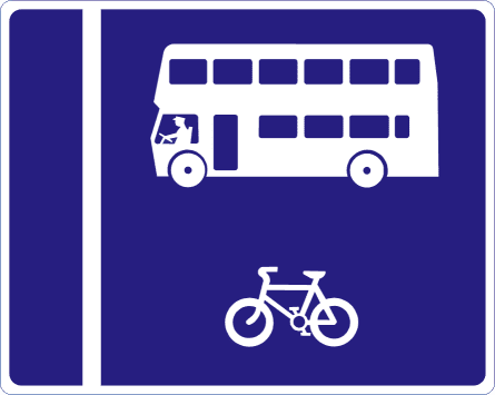 Blue rectangular sign with a white bus and bicycle to the right of a vertical white line.