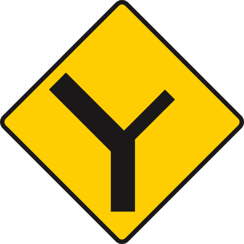Yellow diamond containing a black Y shape with a thicker left branch and thinner right branch.