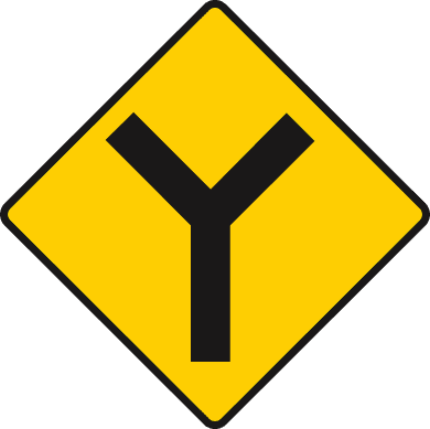 Yellow diamond containing a black Y shape with branches of equal width.