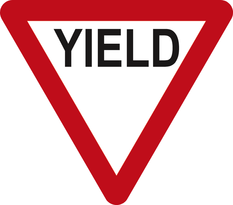 Inverted white triangle with a thick red border and black YIELD text.