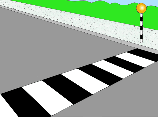Alternating white and black stripes across a road, beside a black-and-white post topped with a yellow globe.